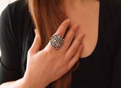 Dome Sterling Silver Ring, Ottoman Jewelry, Statement Ring, Big Large, Cut Out Half Ball Floral Design with Silver Balls, Handmade by serpilguneysu on Etsy https://www.etsy.com/listing/92546209/dome-sterling-silver-ring-ottoman Vintage Round Filigree Ring With Oxidized Finish, Ottoman Jewelry, Ornate Ring, Big Rings, Jewelry Statement, Oxidized Silver, Druzy Ring, Statement Ring, Sterling Silver Ring