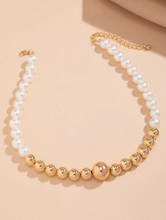 Trendy Gold Pearl Beaded Necklaces, Trendy Gold Beaded Pearl Necklace, Party Necklace With Clavicle Chain And Round Beads, Trendy Gold Jewelry With Large Beads, Gold Pearl Necklace With Colorful Beads For Party, Gold Pearl Necklaces With Large Beads, Gold Pearl Beaded Necklaces With Large Beads, Gold Pearl Beaded Necklace With Large Beads, Dainty Necklace