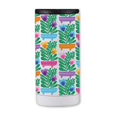 thermos travel mug is decorated with colorful flowers and potted plants on a white background