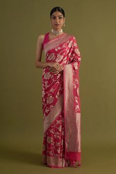 Magenta pink georgette saree with all over Gul jaal zari handwoven details. - Aza Fashions Pink Semi-stitched Pre-draped Saree With Bandhani Print, Pink Bandhani Print Pre-draped Saree, Pink Semi-stitched Saree With Digital Print, Pink Semi-stitched Handloom Pre-draped Saree, Pink Saree With Printed Border, Semi-stitched, Georgette Sarees, Aza Fashion, Custom Made, Hand Weaving