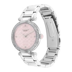 Timeless and elegant, this ladies' Coach Cary watch is a sophisticated style perfect for day or night. Pink mother-of-pearl dial with Coach signature "C" details, silver-toned hands and markers 34.0mm stainless steel case with mineral crystal White crystals along the bezel Japanese quartz movement Stainless steel link bracelet with deployment clasp Water resistant to 30 meters We are an authorized Coach dealer Crystal White, White Crystals, Minerals Crystals, Sophisticated Style, Silver Watch, Quartz Movement, Stainless Steel Case, Link Bracelets, Mother Of Pearl