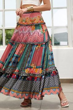 Teal green and salmon pink maxi skirt with all contrast floral, vintage print, multi layered tiered panels, contrast bead and sequin embroidered highlights. - Aza Fashions Pink Maxi Skirt, Skirts Long, Women Skirts, Skirt For Women, Pink Maxi, Fashion App, Salmon Pink, Tier Skirt, Floral Vintage