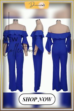 Sexy Strapless Off Shoulder Ruffles Long Jumpsuit Fitted Off-shoulder Ruffled Jumpsuit/romper, Fitted Off-shoulder Jumpsuit With Ruffles, Fitted Off-shoulder Ruffled Jumpsuit, Flirty Off-shoulder Jumpsuits And Rompers With Ruffles, Strapless Blue Jumpsuit For Party, Strapless Ruffled Jumpsuits And Rompers For Date Night, Party Jumpsuits And Rompers With Ruffles, Chic Stretch Strapless Off-shoulder Jumpsuit, Chic Off-shoulder Stretch Strapless Jumpsuit