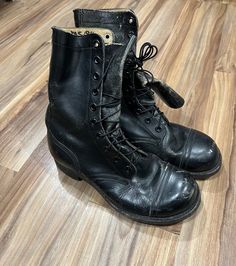 The boots are in great shape for their age and have tons of life left in them. They have some scuffs and light wear but have a great look overall. Please look over all the pics for measurements and condition and let me know if you have any questions!  We ship one or two days after receiving payment for purchases. Returns are not accepted. Thanks for dropping by. We're glad you found us! Vintage Steel Toe Work Boots, Vintage Boots With Reinforced Cap Toe, Vintage Steel Toe Boots With Plain Toe, Vintage Outdoor Boots Goodyear Welted, Vintage Outdoor Boots With Goodyear Welt, Vintage Outdoor Boots With Goodyear Welted, Vintage Steel Toe Moto Boots For Outdoor, Vintage Combat Boots With Steel Toe For Outdoor, Vintage Steel Toe Combat Boots For Outdoor