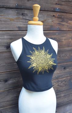 Sun Mandala Fitted Crop Top - Yoga Crop Top - Sacred Geometry Sun Crop Top - Festival Crop Top - Gol Gold Stretch Crop Top For Summer, Fitted Gold Cotton Top, Gold Sleeveless Top For Festival, Sleeveless Gold Top For Festival, Fitted Gold Top For Festivals, Spring Gold Stretch Crop Top, Black Fitted Tank Top For Festivals, Gold Stretch Crop Top For Spring, Gold Crop Top For Summer