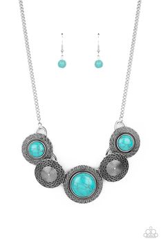 Embossed in swirly patterns, blue turquoise stone frames link with antiqued silver frames radiating with spiral textures below the collar for a seasonal inspired flair. Features an adjustable clasp closure. Live Text, Blue Turquoise Necklace, Paparazzi Accessories Jewelry, Blue Stone Necklace, Bling Necklace, Silver Frames, Paparazzi Accessories, Fall Jewelry, Blue Necklace