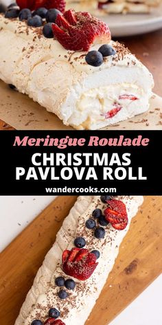 this christmas pavlova roll is made with meringue roulade and berries