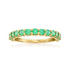 Ross-Simons - 1.00 ct. t. w. Emerald Ring in 14kt Yellow Gold. Size 7. Our rich, verdant 1.00 ct. t. w. round emerald ring is the perfect style for everyday stacking or solo wear. Crafted in polished 14kt yellow gold, it would also make a great May birthstone statement. 1/8" wide. Emerald ring. Emerald birthstones are the perfect gift for May birthdays. Green 14k Stamped Diamond Ring, Green Diamond Half Eternity Ring, Emerald Half Eternity Ring For May Birthstone, Round 14k Diamond Ring For May Birthstone, May Birthstone Emerald Ring With Half Eternity, Vvs Clarity Emerald Ring, Fine Jewelry Emerald Ring With Half Eternity Band, Emerald Ring For May Birthstone In Brilliant Cut, Emerald Ring Brilliant Cut For May Birthstone