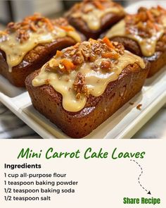 mini carrot cake loaves on a white tray with information about the ingredients and instructions