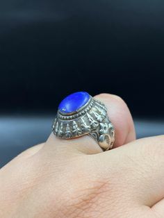 Very Beautiful Blue Lapis Lazuli Silver Ring Afghani Silver Ring Size 9 US Luxury Lapis Lazuli Gift Ring, Lapis Lazuli Ring Silver, Blue Lapis Lazuli Gemstone Signet Ring, Carved Lapis Ring, Luxury Cabochon Lapis Lazuli Rings, Lapis Lazuli Beads, Agate Ring, Blue Band, Size 10 Rings