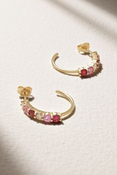 Jennifer Meyer's earrings are like candy for your ears. Cast from polished 18-karat gold in an open hoop, they’re set with round-cut diamonds, pink sapphires and rubies. Stack yours with dainty studs for an easy everyday look. Yellow Gold Gemstone Huggie Earrings, Diamond Gemstone Hoop Earrings, Fine Jewelry White Gold Hoop Earrings With Gemstone, Pink Hoop Earrings In Fine Jewelry Style, Luxury Round Gemstone Hoop Earrings, Luxury Round Hoop Earrings With Gemstones, Small Hoop Brilliant Cut Earrings For Gift, Gift Brilliant Cut Small Hoop Earrings, Brilliant Cut Small Hoop Earrings For Gift