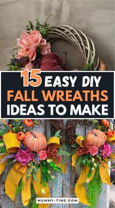 an easy diy fall wreath with flowers and pumpkins