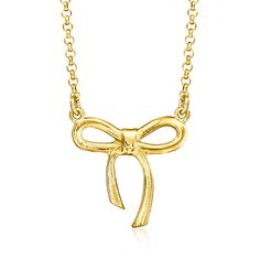 Ross-Simons - Italian 18kt Gold Over Sterling Bow Necklace. 18". Crafted in bright 18kt yellow gold over sterling silver, our on-trend bow necklace from Italy wraps up your everyday outfits in the best way. Rolo chain includes a 2" extender. Lobster clasp, 18kt gold over sterling bow necklace. 14k Gold Bow Jewelry, Elegant Gold Necklace With Bow Detail, Elegant Gold Necklace With Bow, Chic Gold Necklace With Bow, Chic Yellow Gold Necklaces For Anniversary, Chic Yellow Gold Necklace For Anniversary, Gold Necklace With Bow As Gift, Gold Necklace With Bow For Gifts, Gold Necklaces With Bow For Gifts