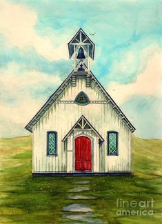 a painting of a church with a red door