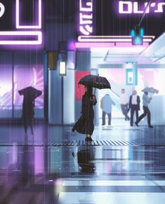 a woman holding an umbrella while walking down a rain soaked street in the city at night