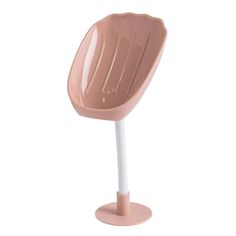 a pink chair with white legs and a plastic seat on the top of it's base