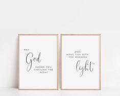 two framed prints with the words, god and guard you through the night on them