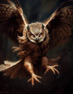 an owl is flying in the air with its wings spread out and it's eyes open