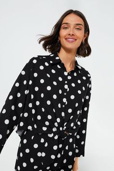 Black Polka Dot Tie-Front Juliana Shirt | Tuckernuck Long Cuff Sleeves, Hamptons Summer, Polka Dot Tie, Cocktail Attire, Plus And Minus, Color Crush, Oversized Top, Weekend Wear, Night Looks