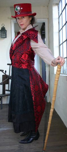 Women's 1895-style Steampunk Red and Black SIlk Brocade Outer Great Vest Steampunk Jacket, Style Steampunk, Victorian Clothing, Steampunk Clothing, Charles Dickens, Silk Brocade, San Rafael, Black Silk, Scientists