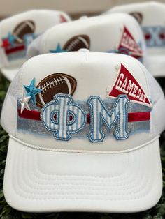 Custom Greek Life hat. Create a one of a kind hat for game days representing your sorority/fraternity affiliation. Add your personalization* 1.  Hat Color 2. Greek Letters ( spelled out, Alpha, Pi, etc.) 3. Ribbon Colors (2)  4. Other patches or ideas ( game day, footbal, stars, hearts etc.) Greek Letters, Sorority And Fraternity, Greek Life, Ribbon Colors, Fraternity, Color 2, Trucker Hats, Sorority, Trucker Cap