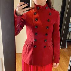 Brand New Red Wool Women’s Coat From Burberry. Never Been Worn! Us Women’s Size 6. Comes From A Pet Free, Smoke Free Home. In Perfect Condition. Red Outerwear With Stand Collar And Button Closure, Red Stand Collar Outerwear With Buttons, Elegant Red Outerwear With Stand Collar, Red Stand Collar Blazer For Winter, Red Double-breasted Outerwear For Fall, Tailored Red Outerwear With Buttons, Red Double-breasted Long Sleeve Outerwear, Red Fitted Blazer With Stand Collar, Red Long Sleeve Double-breasted Outerwear