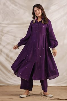 Buy Purple Silk Embroidered Zardozi And Pankh Asymmetric Anarkali & Palazzo Set For Women by Label Niti Bothra Online at Aza Fashions. Anarkali Style Cotton Silk Festive Sherwani, Designer Long Sleeve Purple Palazzo Set, Festive Purple Palazzo Set With Long Sleeves, Purple Long Sleeve Palazzo Set For Festive Occasion, Festive Purple Long Sleeve Palazzo Set, Festive Long Sleeve Purple Palazzo Set, Anarkali Sherwani With Zari Work In Cotton Silk, Long Anarkali Set With Dori Work For Eid, Anarkali Cotton Silk Sherwani For Festivals