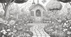 a black and white drawing of a house in the woods with flowers, trees, and butterflies