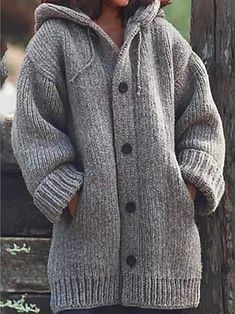 Buy Inexpensive Women Chunky Knit Hooded Cardigan With Pocket Winter Pullover at JustFashionNow online store, SPU: 21MSW9EB270, Color: Gray, Activity: Daily, Thickness: Regular. Cardigan Plus Size, Cardigan Casual, Gilet Long, Outwear Women, Coat Pocket, Plus Size Outerwear, Hooded Cardigan, Loose Sweater, Warm Coat