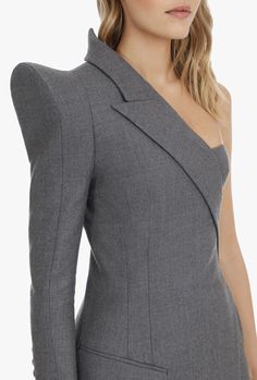 Gray Wool Asymmetrical Blazer for Women - Balmain.com Balmain Women, Blazer For Women, Blazer Women, Tops And Blouses, Couture Sewing Techniques, Woman Suit Fashion, Designer Tops, Fashion Project, Clothing Details