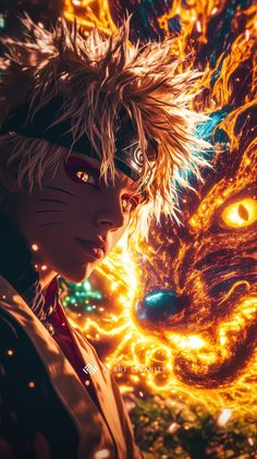 an anime character in front of a fireball with his eyes closed and hair blowing back