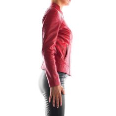 Italian handmade Women soft genuine lambskin leather jacket slim fit color Red Red Fitted Biker Leather Jacket, Fitted Sleek Biker Jacket For Winter, Sleek Fitted Biker Jacket For Winter, Chic Fitted Leather Biker Jacket, Chic Fitted Leather Jacket With Zipper, Chic Fitted Leather Jacket With Zipper Closure, Sleek Fitted Leather Jacket For Winter, Sleek Fitted Biker Jacket With Long Sleeves, Spring Leather Fitted Biker Jacket