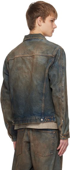 Non-stretch denim jacket. Fading and smudging throughout. · Spread collar · Button closure · Patch pocket and welt pockets · Single-button barrel cuffs · Adjustable button tabs at back hem · Unlined Supplier color: Mud faded indigo Classic Faded Denim Jacket With Pockets, Classic Distressed Dark Wash Denim Jacket, Classic Medium Wash Washed Outerwear, Classic Washed Denim Jacket, Classic Medium Wash Outerwear, Faded Washed Button-up Outerwear, Classic Distressed Denim Outerwear, Faded Denim Jacket For Streetwear With Button Closure, Faded Denim Jacket With Relaxed Fit And Pockets