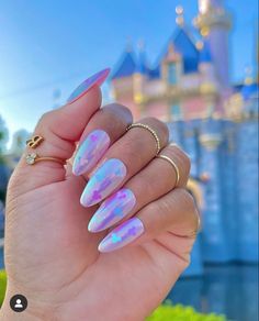 Disney Nails Holographic, Princess Aurora Nails, Chrome Disney Nails, Princess Nails Acrylic, Pastel Disney Nails, Disney Castle Nails, Disney Themed Nails Acrylic, Disney World Nails