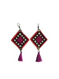 Gulzar - Handmade Needlework Drop Earrings: Pink and Brown Diamond Balochi Jewelry with a Tassel Gulzar is a Persian name meaning "rose garden". Elevate your accessory game with our stunning Balochi needlework earrings. Each pair is a beautiful blend of tradition and modern flair, inspired by the vibrant cultures of Balochistan, spanning across Iran, Afghanistan, and Pakistan. Crafted with meticulous care by myself and my talented cousin, these earrings are more than just accessories - they're little pieces of art. The intricate needlework, painstakingly done stitch by stitch, tells a story of heritage and craftsmanship. It's a process that takes time and skill, but the result is truly worth it - each pair is a unique masterpiece. Whether you're adding a bohemian touch to your everyday loo Traditional Handmade Rectangular Earrings, Handmade Traditional Rectangular Earrings, Bohemian Multicolor Rectangular Earrings, Traditional Woven Earrings, Traditional Woven Earrings For Festivals, Multicolor Bohemian Beaded Rectangular Earrings, Multicolor Bohemian Rectangular Beaded Earrings, Bohemian Multicolor Rectangular Beaded Earrings, Handmade Bohemian Rectangular Earrings