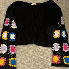 Never Worn! Black Open Knit Sweater For Spring, Casual Black Crochet Top With Crew Neck, Casual Black Crochet Crew Neck Top, Black Crochet Casual Tops, Casual Black Crochet Tops, Black Fitted Crochet Top For Fall, Black Knit Crochet Top With Crew Neck, Casual Fitted Sweater With Crochet Trim, Casual Black Crochet Knit Top