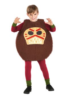 a young boy in a costume that has a big gorilla face on it's chest