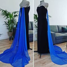 Handmade Anastasia inspired gown.  Listed: -Dark blue gown -2 detachable blue capes This specific listing is not custom made, but a ready made product. If you're looking for a custom made gown please contact me. The measurements of this dress are: Bust: 90cm Waist: 72cm Hips: 96cm The length measured from the waist to the hem is 110cm The length measured from above the bust to the hem is 135cm  This gown isn't stretch, so you must be close to these measurements for a fit. Materials list: The dre Fitted Cape Evening Dress For Gala, Blue Pre-draped Evening Dress, Elegant Blue Gown With Cape Sleeves, Blue Gala Gown With Long Train, Elegant Floor-length Dress For Cosplay, Blue Cape Dress For Party, Blue Cape Sleeve Gala Dress, Blue Gala Dress With Cape Sleeves, Blue Dress With Fitted Bodice For Cosplay