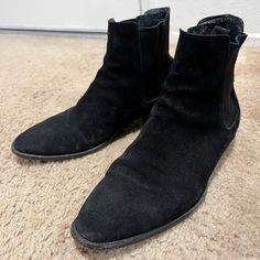 Black Suede Size 10 (43) Ankle Chelsea Boots In Used But Good Condition. 1 Inch Heal Mens Black Suede Ankle Boots, Saint Laurent Chelsea Boots Men, Luxury Men's Semi-formal Chelsea Boots, Luxury Lace-up Men's Chelsea Boots, Luxury Men's Slip-on Chelsea Boots, Saint Laurent Shoes, Black Suede, Chelsea Boots, Chelsea