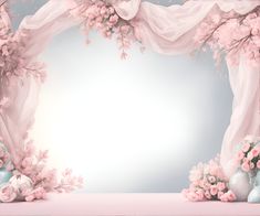 an image of a pink floral background with flowers and vases on the table in front of it