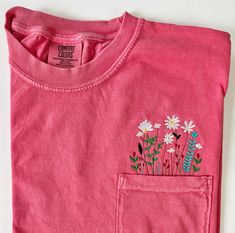 Wildflower Pocket Tees Pocket Tees, Boho Shirt, Embroidered Crewneck, Boho Shirts, Kindness Shirts, Mens Long Sleeve Tee, Flower Shirt, Spring Shirts, Girlfriend Gift