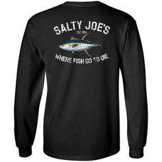 Salty Joe's Tuna Long Sleeve Fishing T Shirt - Joe's Surf Shop Pre-shrunk Long Sleeve Tops For Outdoor, Casual Crew Neck Shirt For Fishing, Long Sleeve Cotton T-shirt For Surfing, Casual Crew Neck Top For Fishing, Fish Print Crew Neck Top For Fishing, Cotton Tops With Fish Print For Fishing, Surf Wear, Fishing T Shirts, Surf Shop