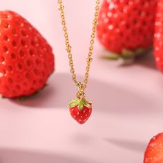 Fruit Enamel Necklace Strawberry Necklace, Fruit Necklace, Peach Earrings, Fruit Jewelry, Talisman Necklace, Positive Mood, 18k Gold Chain, Nature Necklace, Horses Pendant