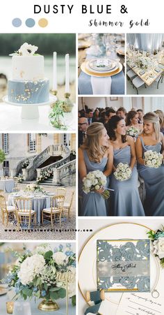 a collage of photos with blue and gold wedding colors