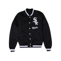 The Chicago White Sox Logo Select Black Jacket features a chenille applique White Sox logo above an embroidered team wordmark at the left chest.Fabric: 100% nylon Chenille Applique, Satin Jackets, White Sock, Chicago White Sox, Black Jacket, Bathroom Interior, Chicago, The Selection, Socks