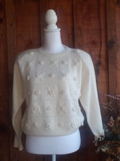 Vintage 1950s Japanese nylon knit Sweater with floral embellishments  Size Medium Excellent condition, almost mint small shoulder pads Need to wear a cami under it as it has open stitching as part of the design 1950s Sweater, American Advertising, Vintage Newspaper, Pullover Outfit, Womens Sweaters, Yellow Polka Dot, Sweater Fits, Fall Fits, Girls Sweaters