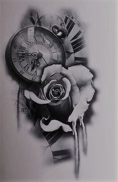 a black and white drawing of a rose with an old clock on it's side