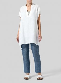 Linen Short Sleeve Deep V-Neck Tunic - Plus Size Relaxed Fit V-neck Top For Summer Loungewear, Spring V-neck Tunic For Loungewear, Relaxed V-neck Beach Top, Summer Relaxed Fit V-neck Top For Loungewear, Summer V-neck Top For Loungewear With Relaxed Fit, Summer V-neck Top For Loungewear, Casual Split Neck Tops For Summer, Relaxed V-neck Blouse For Vacation, Relaxed V-neck Summer Blouse