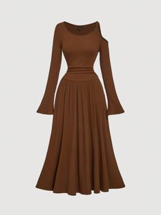 Women Fall Vintage Asymmetric Strap Brown Knitted Mid-Length Dress, Winter Dress, Dresses Brown Casual  Long Sleeve Knitted Fabric Plain A Line Medium Stretch  Women Clothing, size features are:Bust: ,Length: ,Sleeve Length: Cute Winter Dresses Casual, Winter Dresses Casual, Cute Winter Dresses, Dresses Brown, Fall Vintage, Dresses Casual Winter, Dress Winter, Vestidos Vintage, Winter Dress