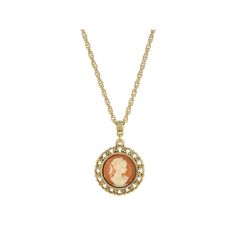 This vintage-inspired gold tone cameo necklace will be a year round favorite. This vintage-inspired gold tone cameo necklace will be a year round favorite. Clasp: lobster claw Alloy Chain length: 16 in. + 3-in. extender Plating: gold tone Finish: polished Material: acrylic Pendant length: 1.6 in. Not appropriate for children 14 years old and younger. Size: One Size. Color: Orange. Gender: female. Age Group: adult. Yellow Gold Cameo Round Pendant Necklace, Yellow Gold Cameo Necklace With Round Pendant, Gold Cameo Round Pendant Jewelry, Gold Cameo Necklace With Round Pendant, Gold Necklace With Cameo Round Pendant, Vintage Gold Cameo Necklace, Victorian Cameo Round Necklace, Victorian Round Cameo Necklace, Acrylic Pendant